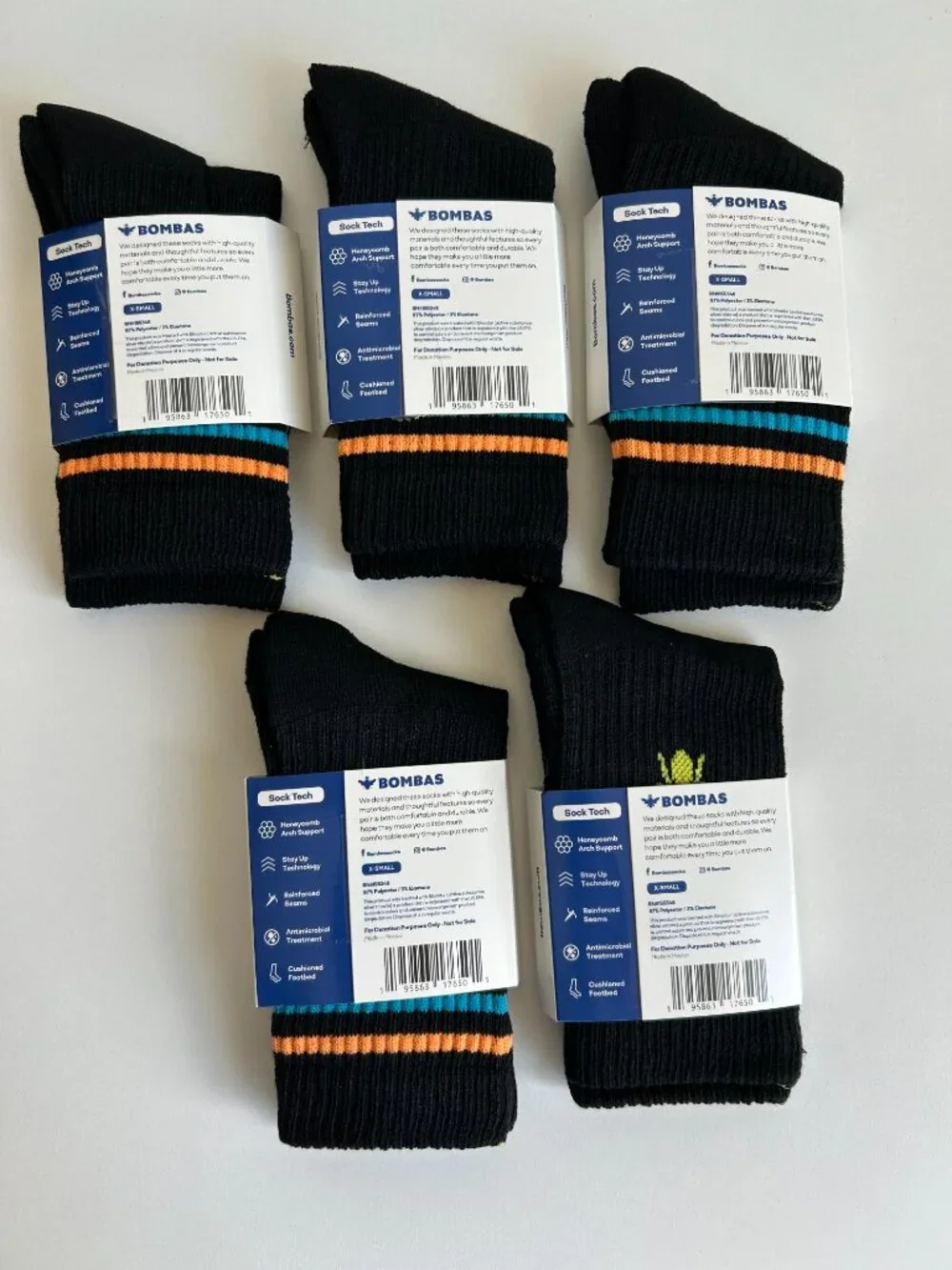 5 Pairs Bombas Socks - Black with Orange and Blue Stripes - Size XS